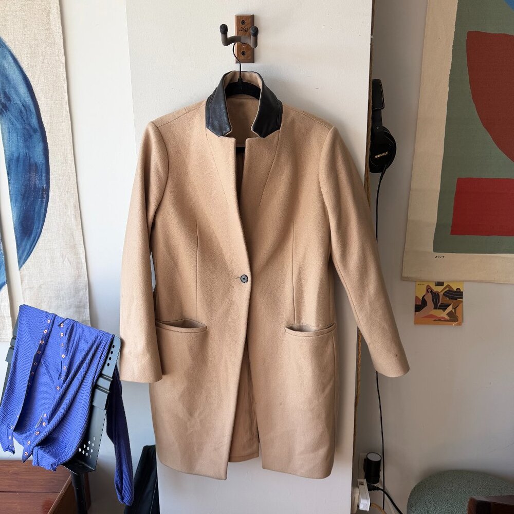 All Saints Tan Coat with Leather Trim